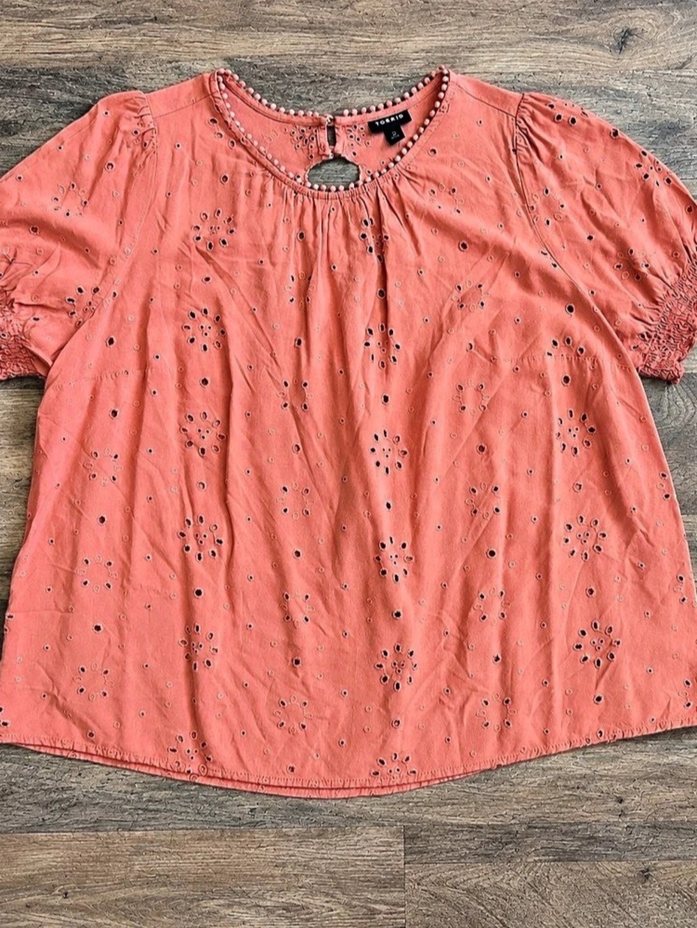 Torrid Short Sleeve Peach Eyelet Blouse with Keyhole Back
